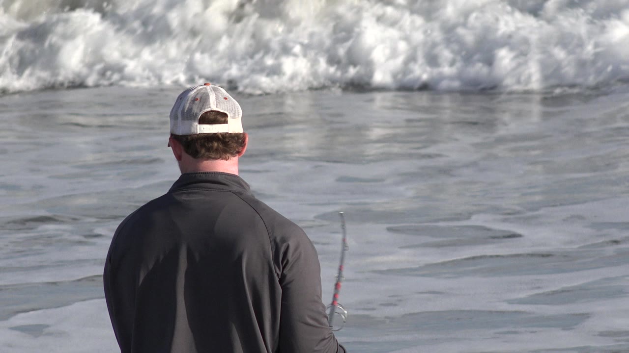 Person from behind fishing at a beach shoreline with waves ahead.