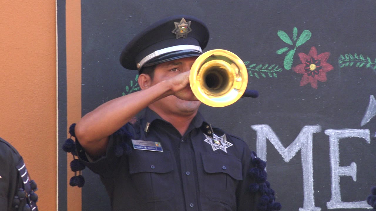 Uniformed man playing a brass horn in front of a chalk wall.