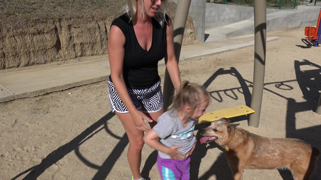 In San Jose Del Cabo, Mexico, the young girl turns near the adult woman while a brown dog stands close to a yellow playground platform and purple climbing panel.