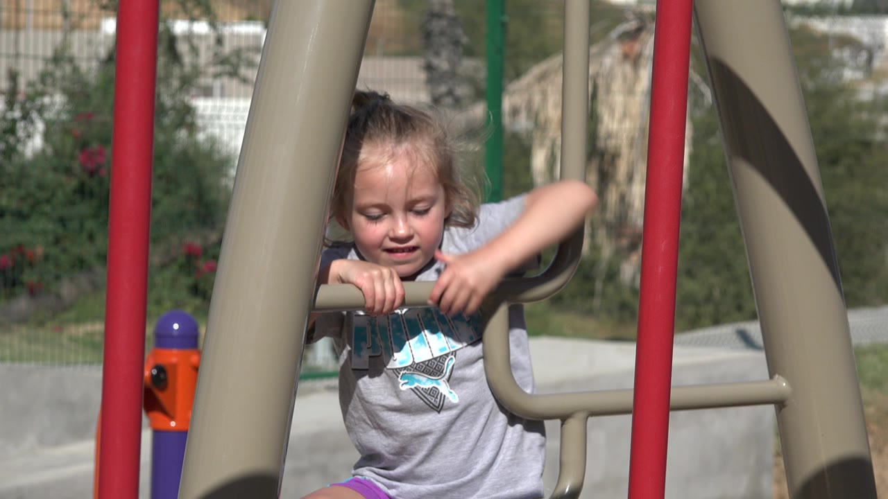 Young girl holding playground bars in bright sunlight.