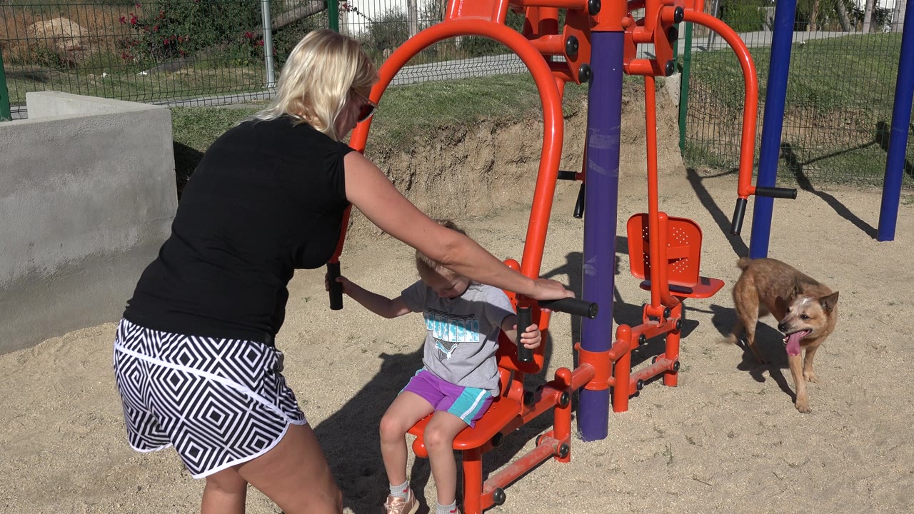Woman leans toward a little girl on playground equipment as a dog walks at right.