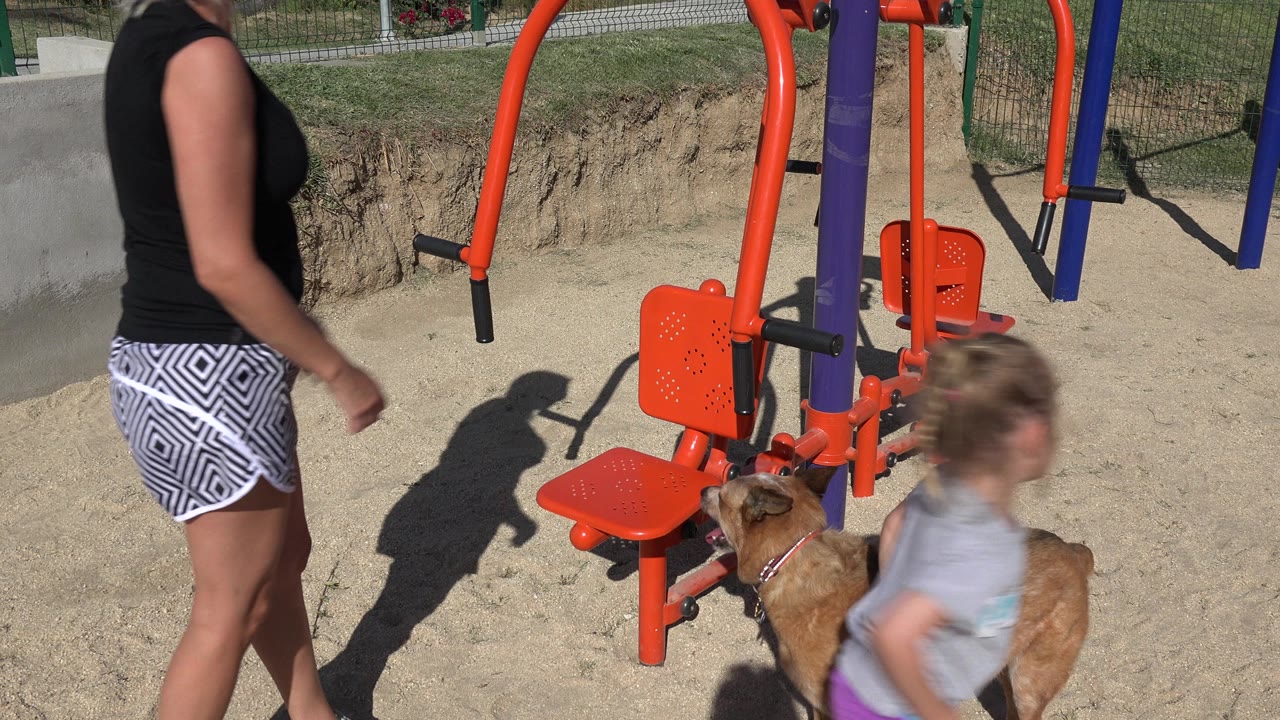 An adult, a small child, and a dog pass near orange playground equipment on a sandy play area in San Jose Del Cabo, Mexico.