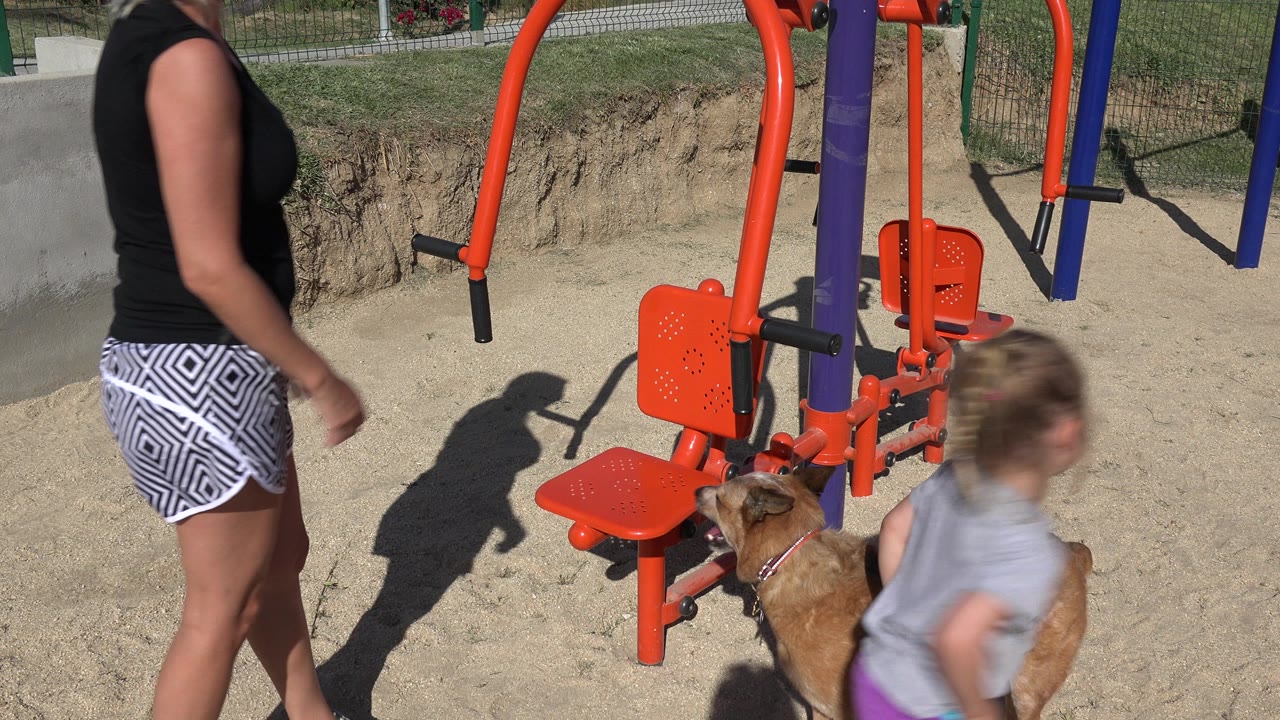 The child moves across the foreground while a dog stands near red-orange play seats and an adult remains partly in frame in San Jose Del Cabo, Mexico.