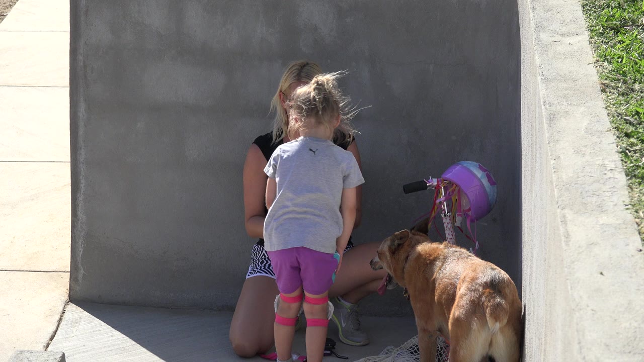 Young girl stands while a woman adjusts a pink strap beside a dog and bicycle helmet.