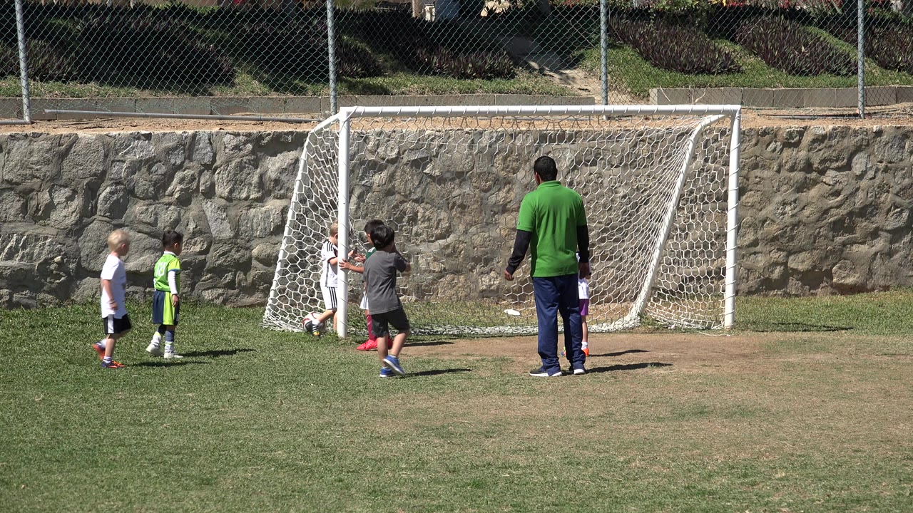 Children and a coach near a soccer goal on a grass field.