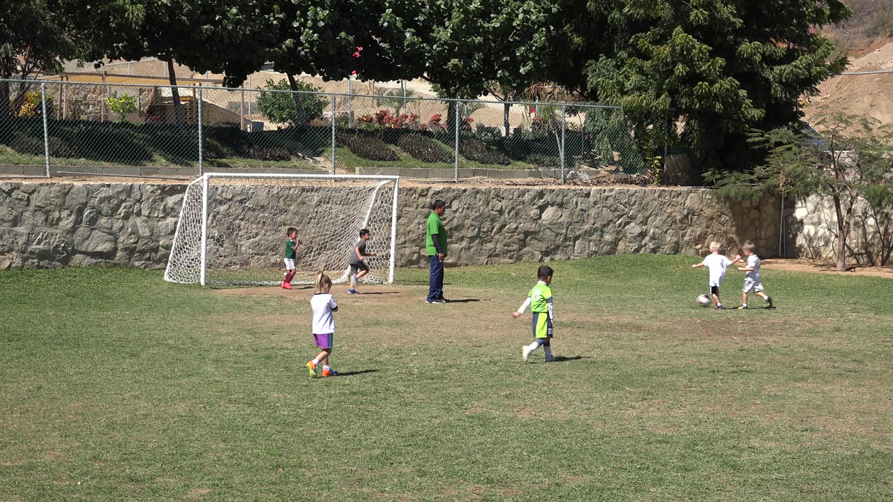 Children gather closer to the soccer goal while others run on the field.