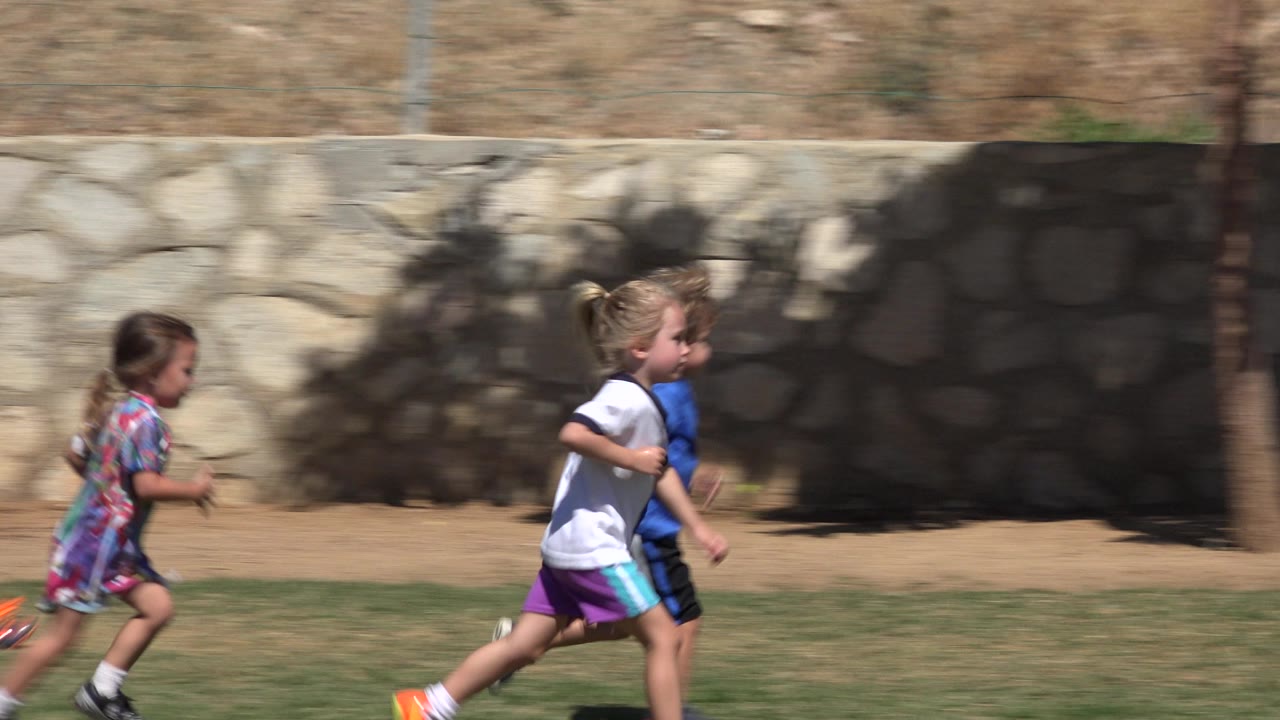 Three children running across a grass field beside a stone wall.