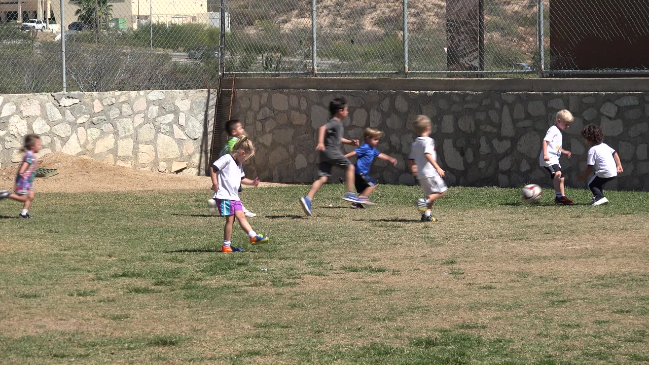 Children on a grass field during soccer practice near a stone wall.
