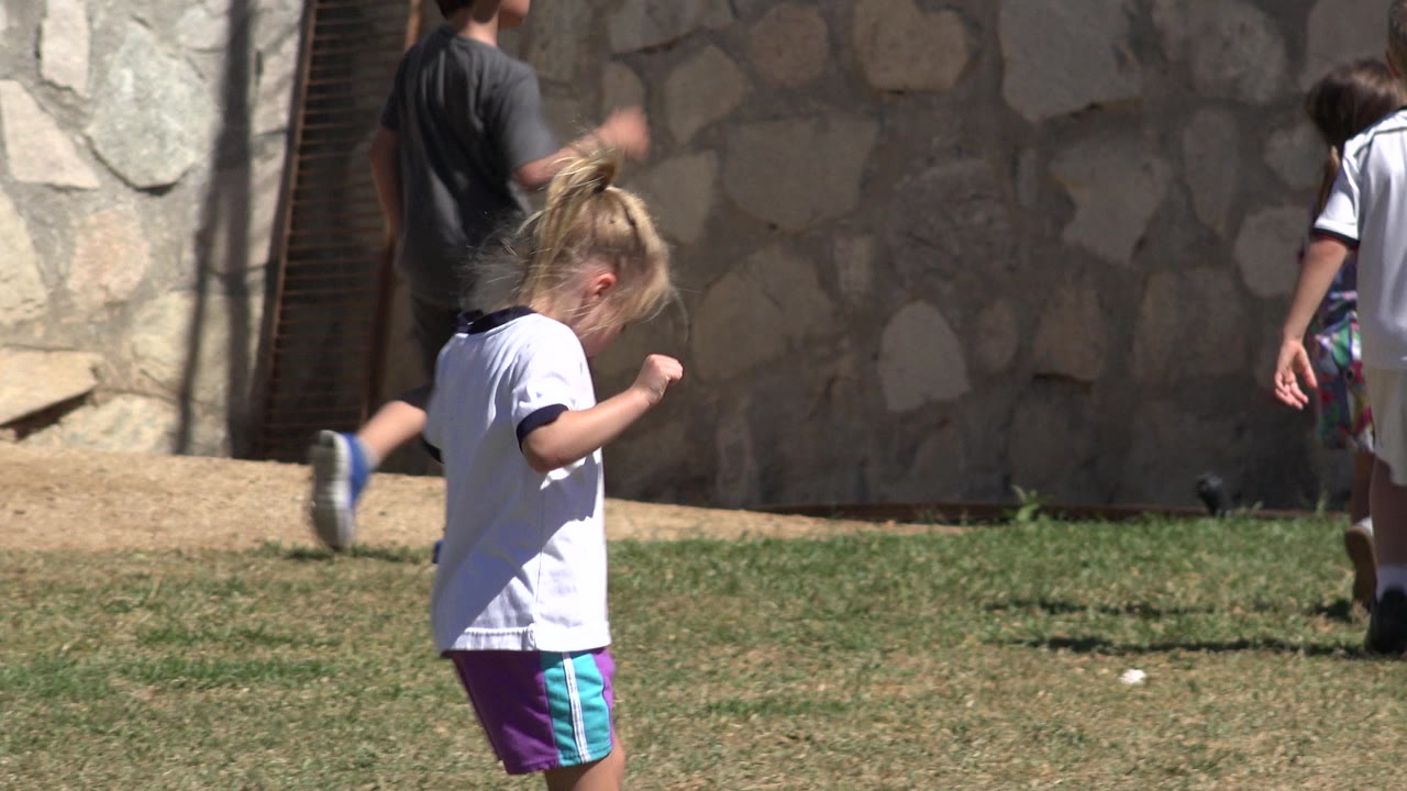 Barefoot girl walking on grass with children behind her near a stone wall.