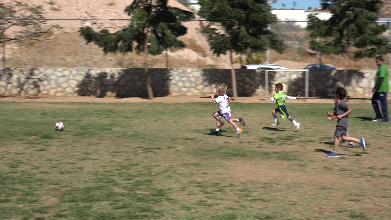 Several children continue running across the grass field in San Jose del Cabo, Mexico, with the soccer ball rolling in open space and an adult visible near the tree line.