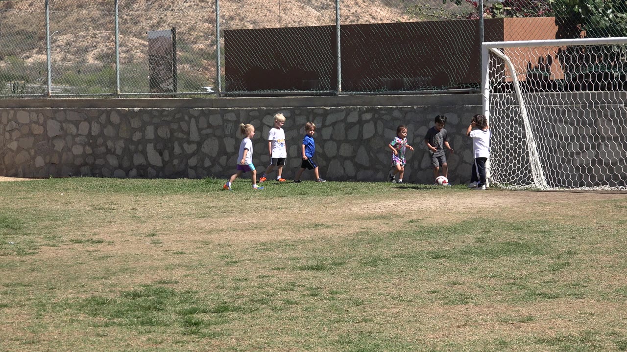 Wide view of children gathered beside a soccer goal on a grass field in San Jose Del Cabo, Mexico, with a stone wall and fence behind them.