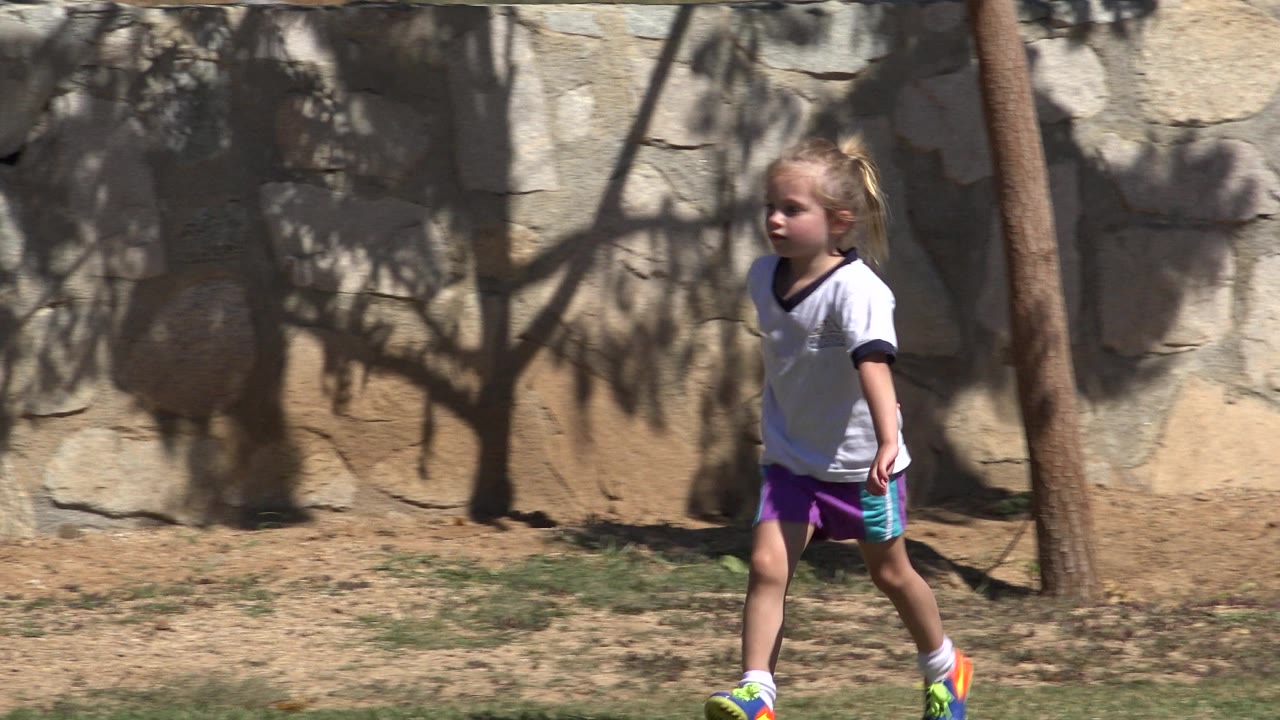 A young girl in a white athletic shirt and purple shorts walks left to right beside a stone wall in San Jose del Cabo, Mexico, with tree shadows crossing the background.