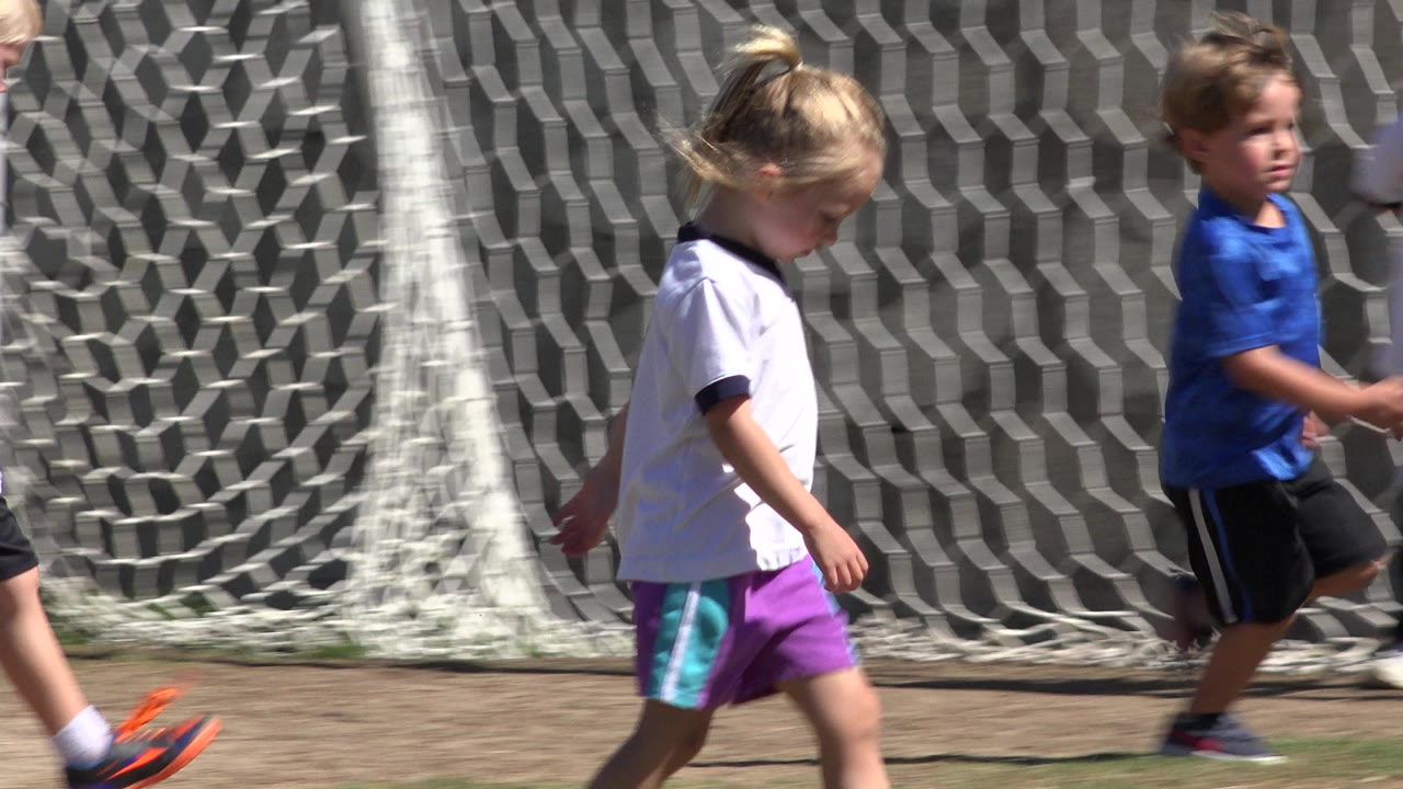 Young girl walks past a soccer goal during a children's football game.