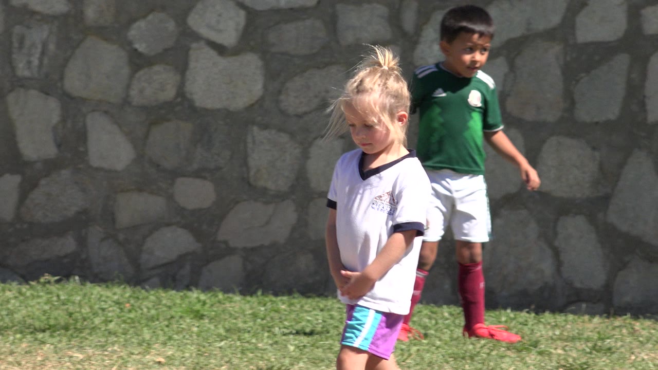 Young girl walking on grass with a boy behind her near a stone wall.
