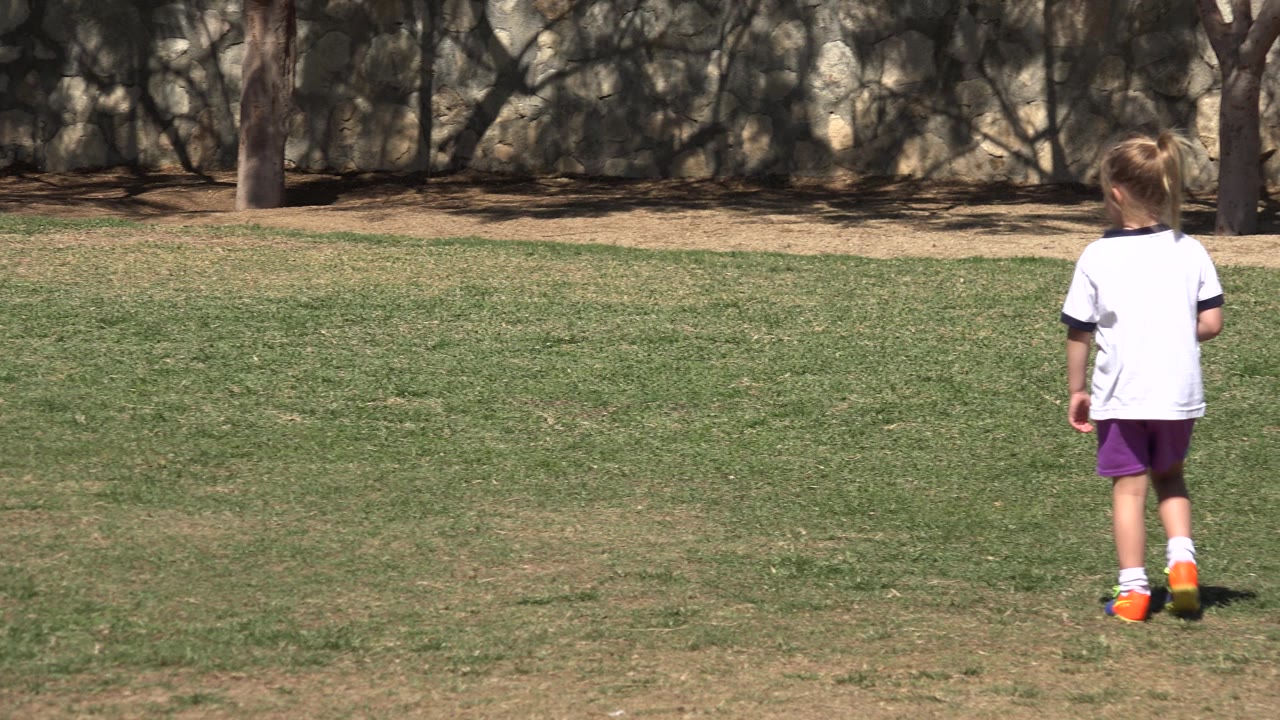 Child walking away across a grass field near trees.