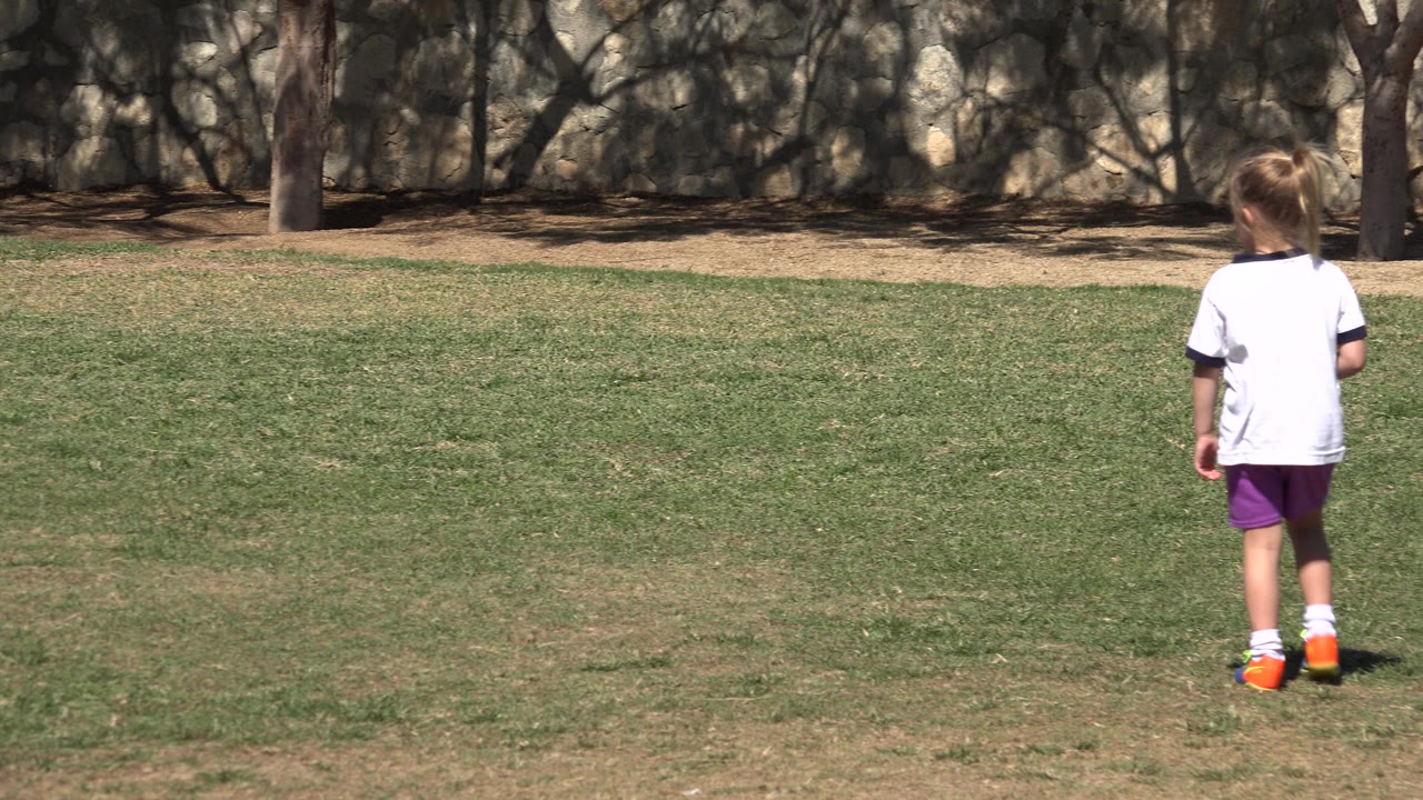 A child faces away from the camera on a green field in San Jose Del Cabo, Mexico, with dappled tree shade and a wall in the background.