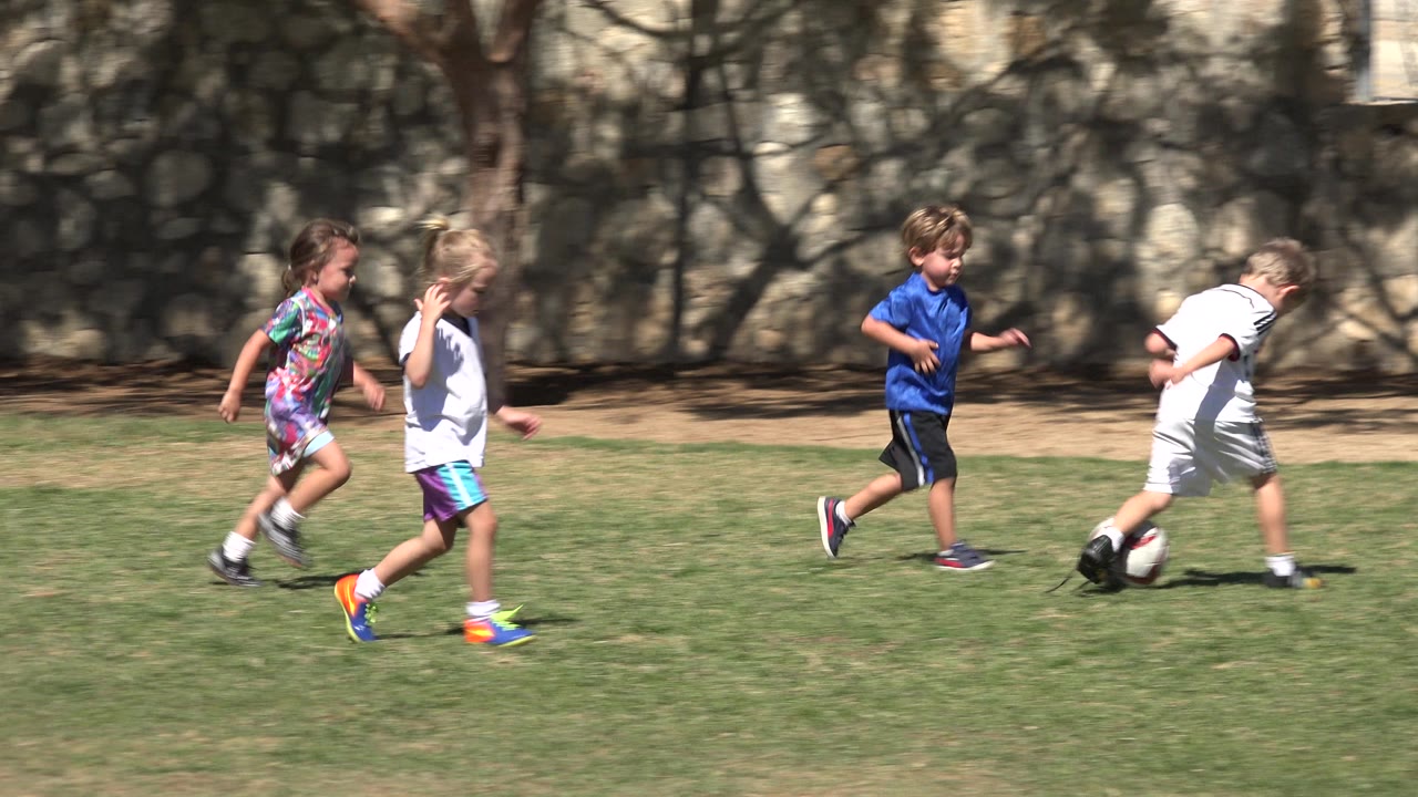 Four children running beside a soccer ball on a grassy field.