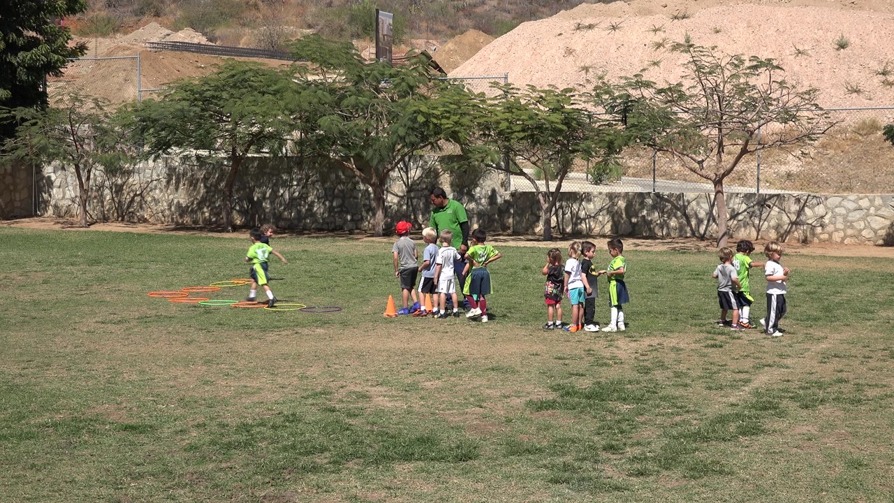 Children and a coach on a grass field beside orange cones and agility ladders.