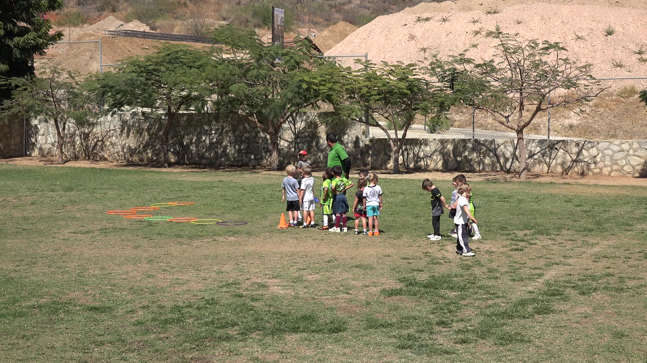 Children gather around a soccer coach on a grass field.