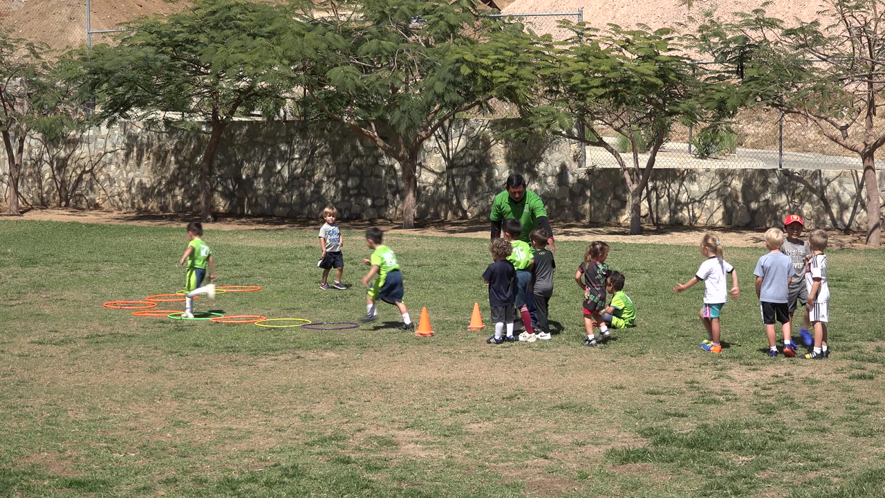 Children and a coach on a grass field with cones and agility rings.