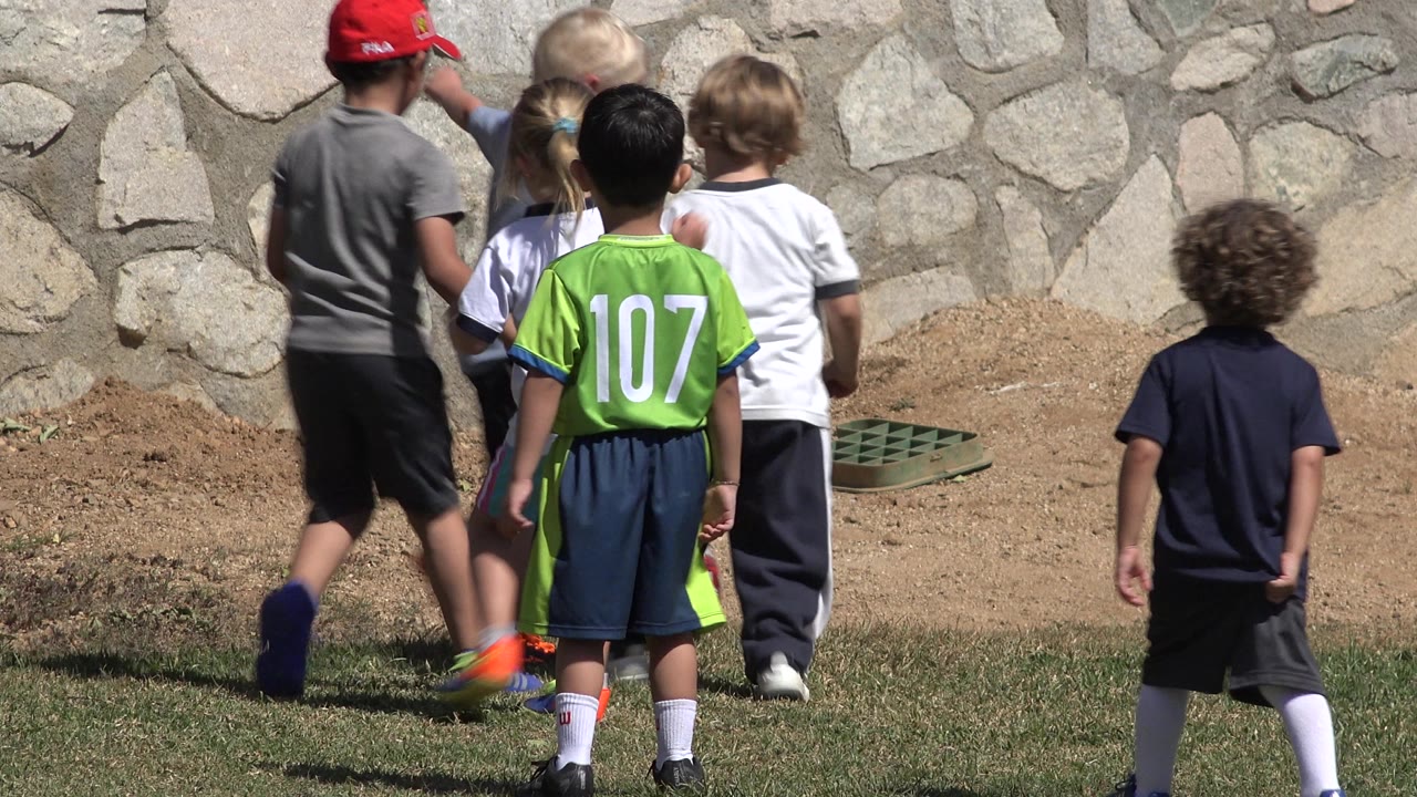 A group of young soccer players remain near the ball in San Jose del Cabo, Mexico, with a child in a green jersey centered and a stone wall across the background.
