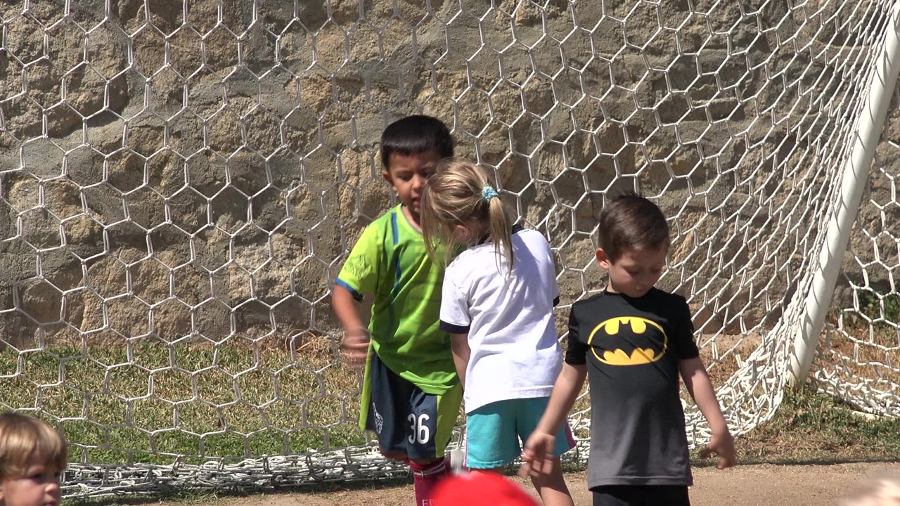 Children standing near a soccer goal net in bright sun.