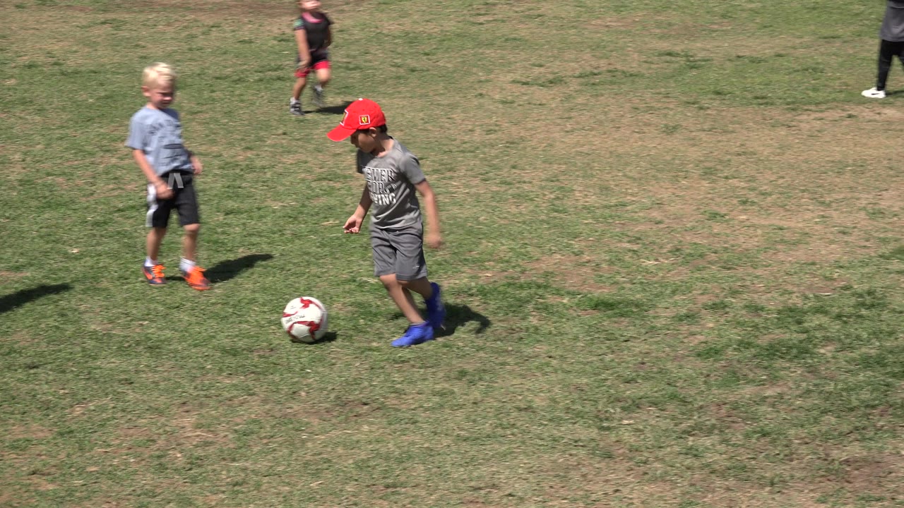 Two children near a soccer ball on a grassy field.