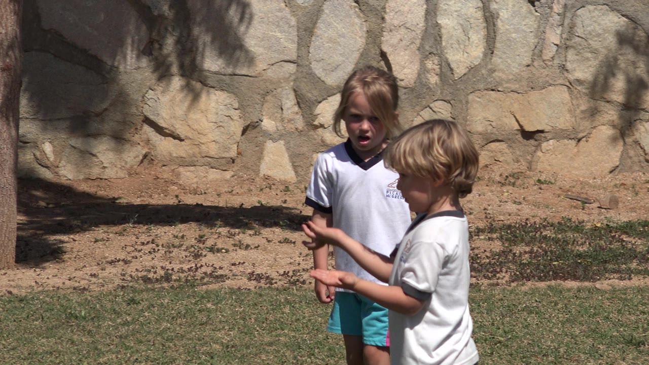Two blonde children in white shirts stand on grass near a stone wall.