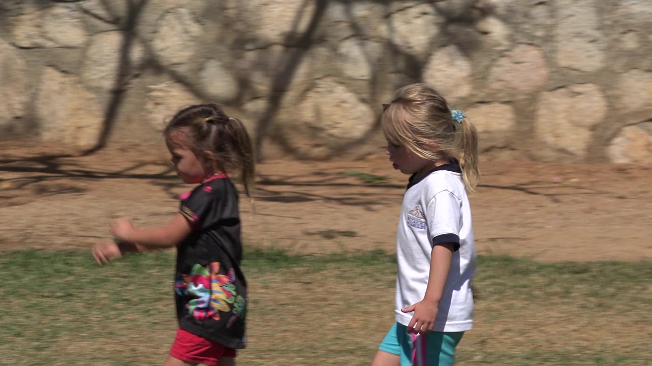 Two young girls walking across grass beside a stone wall.