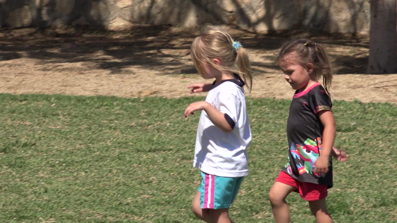Two young girls walking side by side on grass.