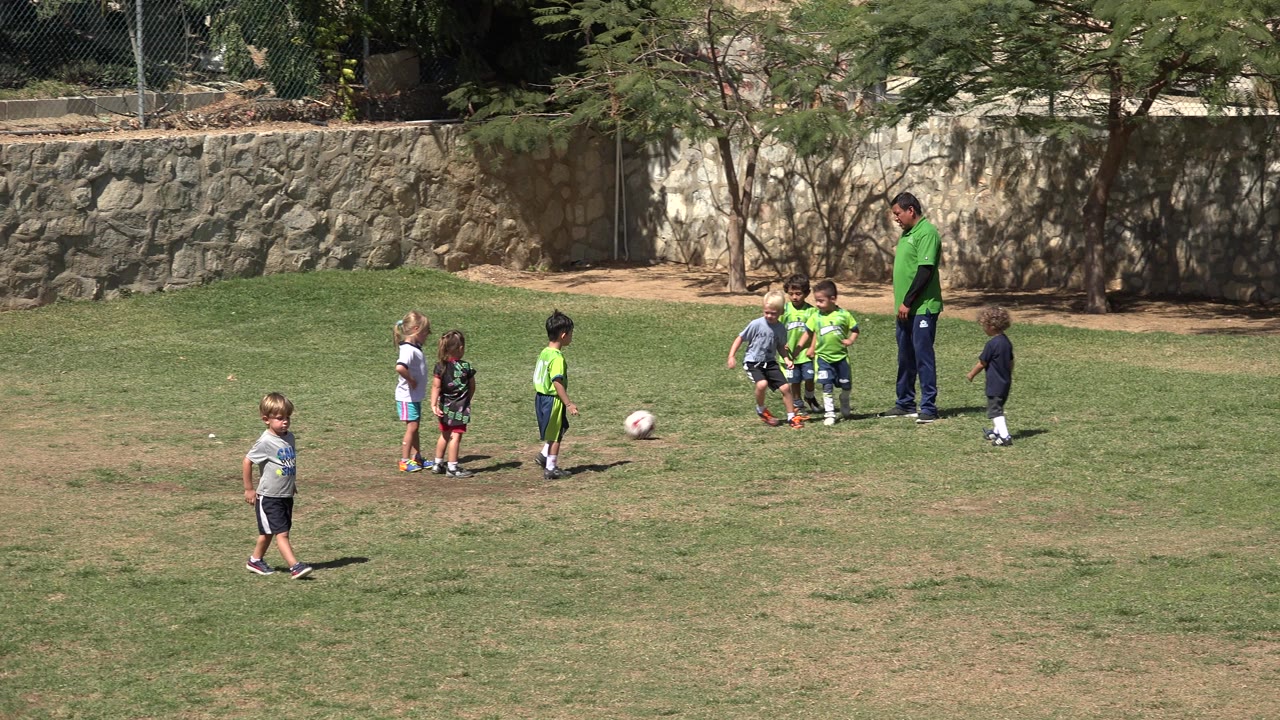 Very young children stand and move around a soccer ball on a grassy lawn in San Jose del Cabo, Mexico, with an adult in a green shirt nearby and a stone wall behind them.