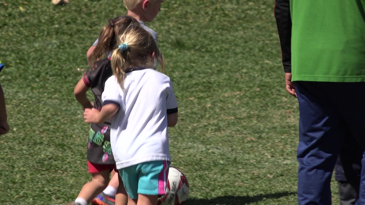 Children gather near the soccer ball with an adult at field edge.