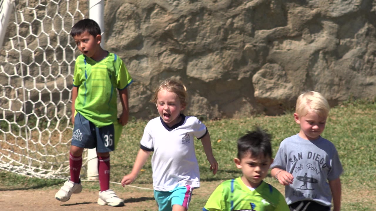 Children run past a soccer goal on a sunny field.