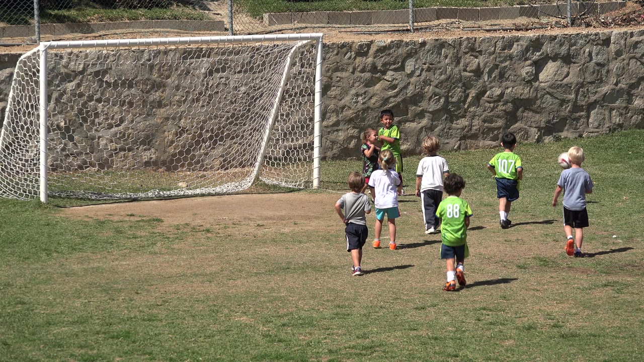 Young children in green, white, and gray shirts move toward a soccer ball near the goal area in San Jose del Cabo, Mexico.