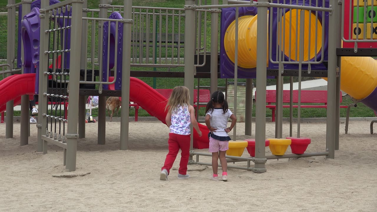 Two girls pause at the playground entrance.