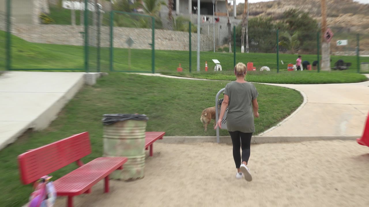 The woman and tan dog continue across the San Jose del Cabo park, with the red bench and cylindrical receptacle in the foreground and lawn and paths behind them.