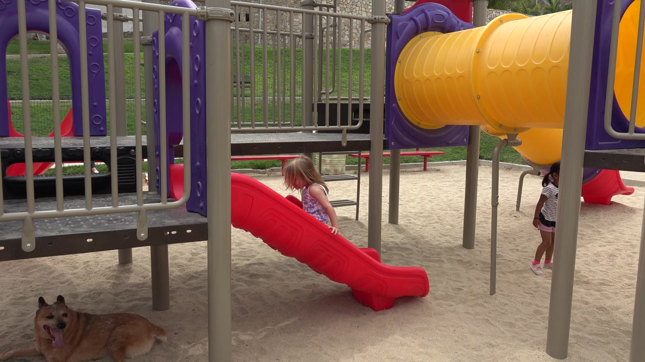 A small girl stands by a red slide under purple and yellow playground equipment in San Jose del Cabo, Mexico, with a dog lying on the sandy ground in front.