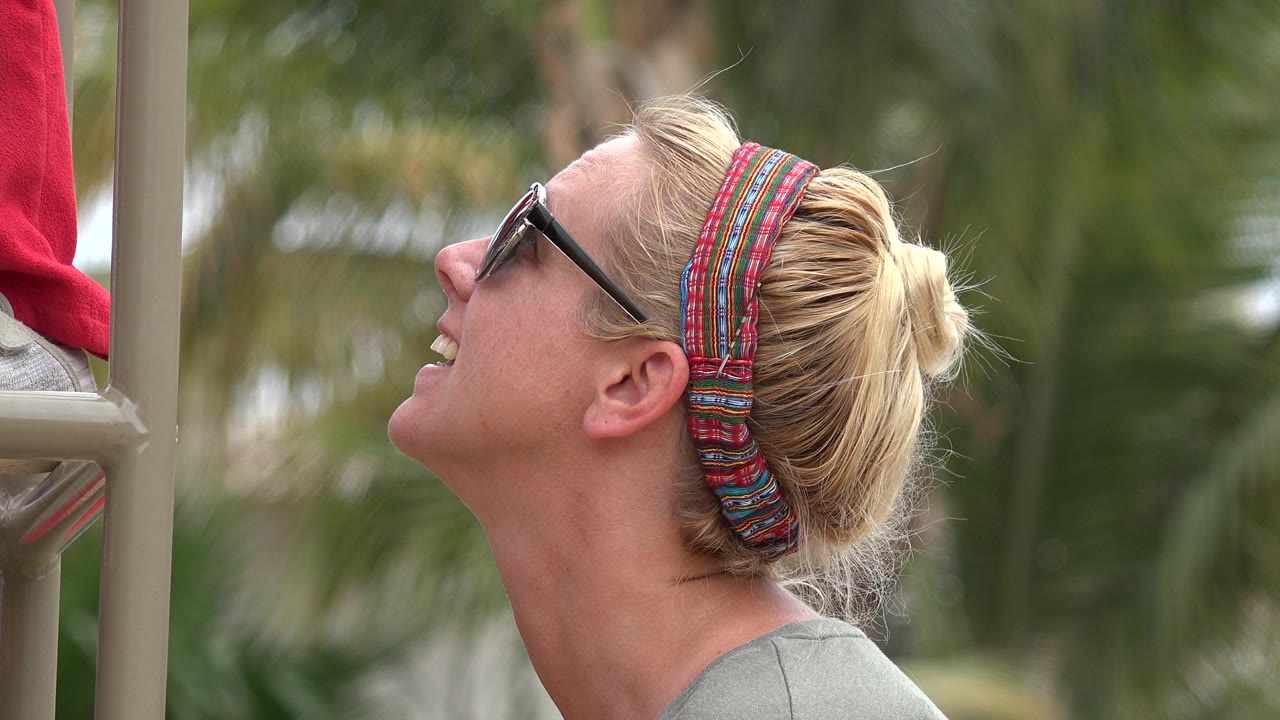 Profile of smiling woman with playground rail and green background.