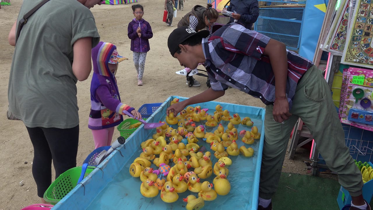 Child with net beside a duck game while a vendor leans over the tank.