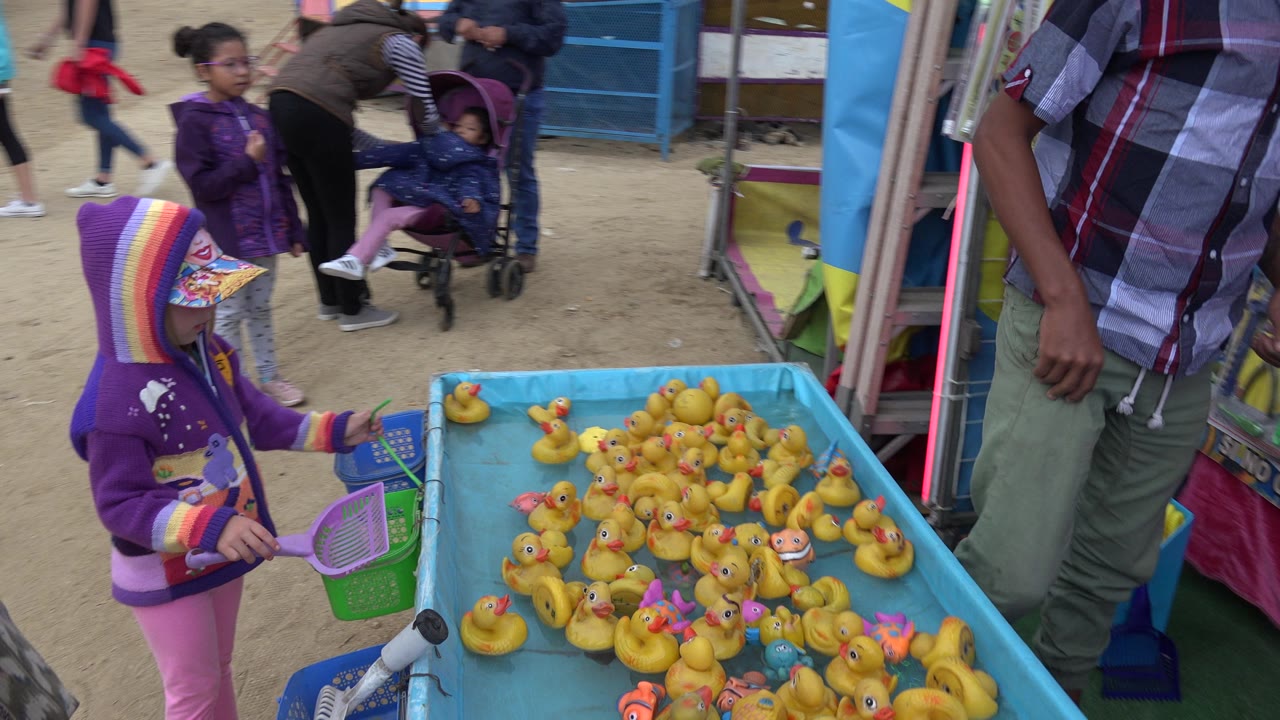 Child in a purple striped hood reaches a net toward a rubber duck pool game.