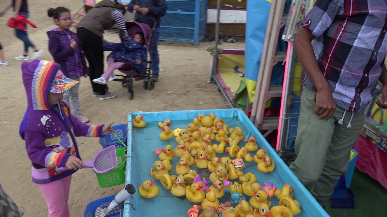 The child keeps the plastic net near the edge of the blue rubber duck pool as adults stand close by and boxed prizes hang on the carnival booth wall in San Jose del Cabo.