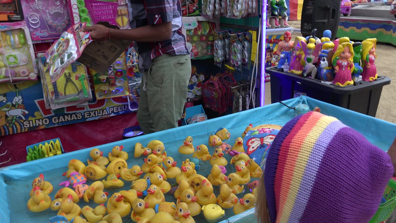 Toy stall with yellow rubber ducks in a blue pool and a vendor partly visible behind it.