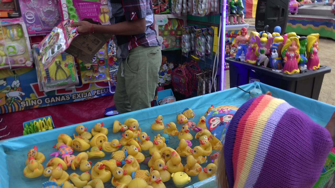 San Jose del Cabo stall view with the duck pool filling the foreground, a striped child's hat at lower right, and shelves of dolls and packaged toys behind the vendor.