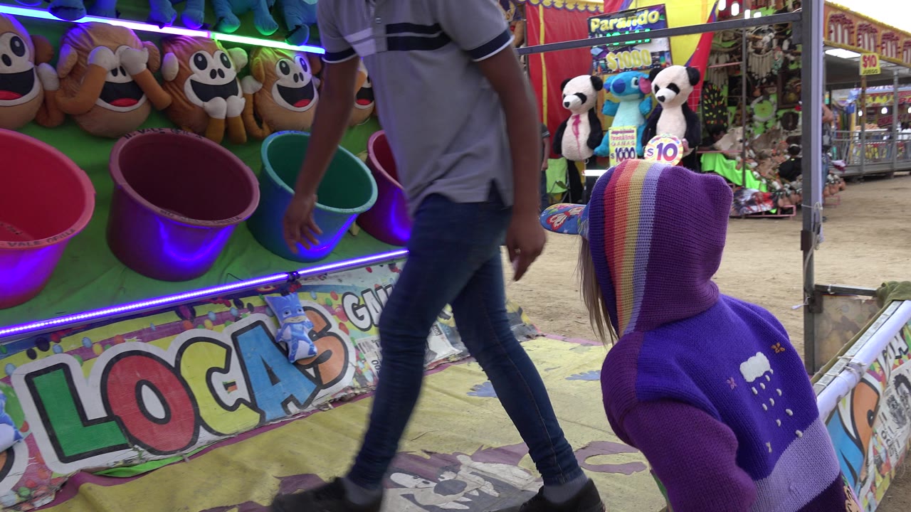Girl in purple sweater faces carnival game buckets as an attendant stands nearby.