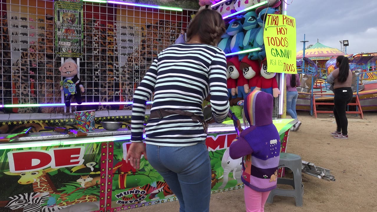 Woman and child at a carnival shooting game booth with plush prizes.