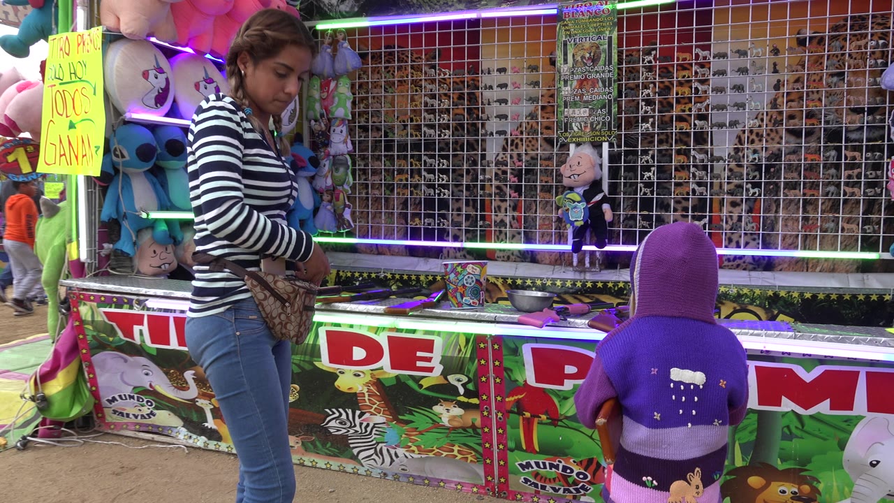 The woman stands with her hands near a bag while the child faces the prize-game counter, with rows of targets and stuffed animals filling the San Jose del Cabo fair booth.