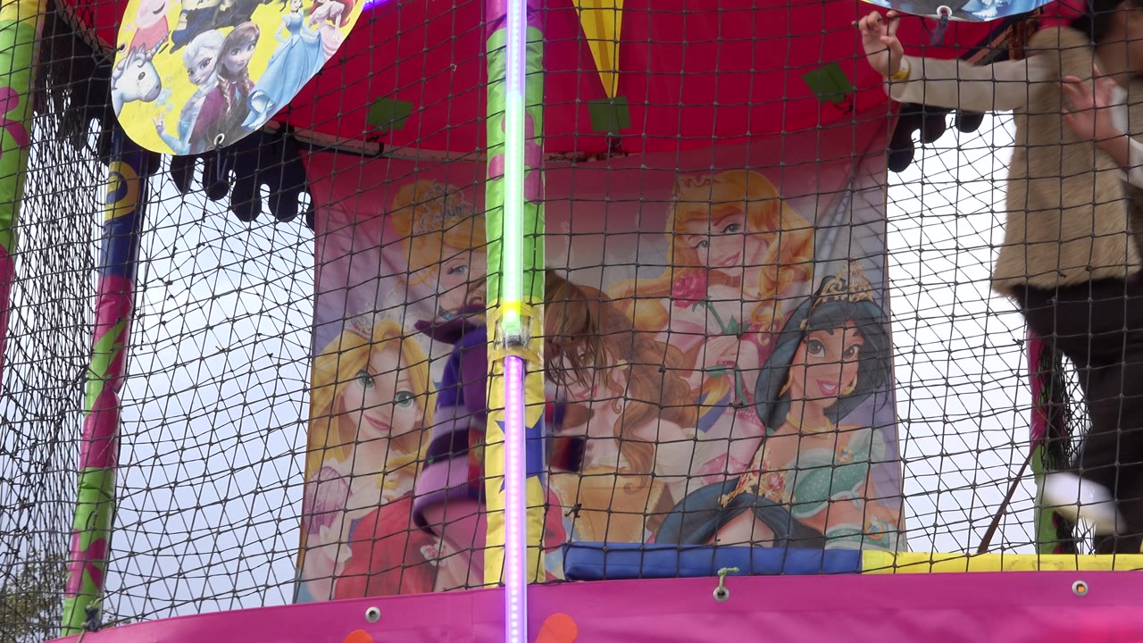 A blond child is partly visible behind black trampoline netting in San Jose del Cabo, Mexico, with pink padding, green poles, and illustrated princess artwork in the background.