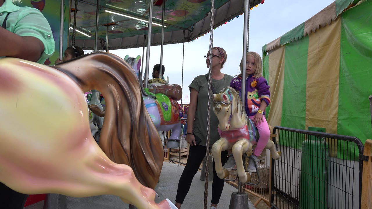 Adult and child near carousel poles with a painted ride horse in front.