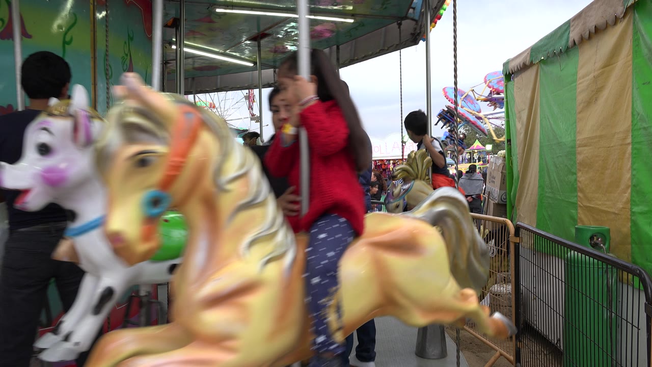 Child in a red shirt rides a carousel horse near the camera.