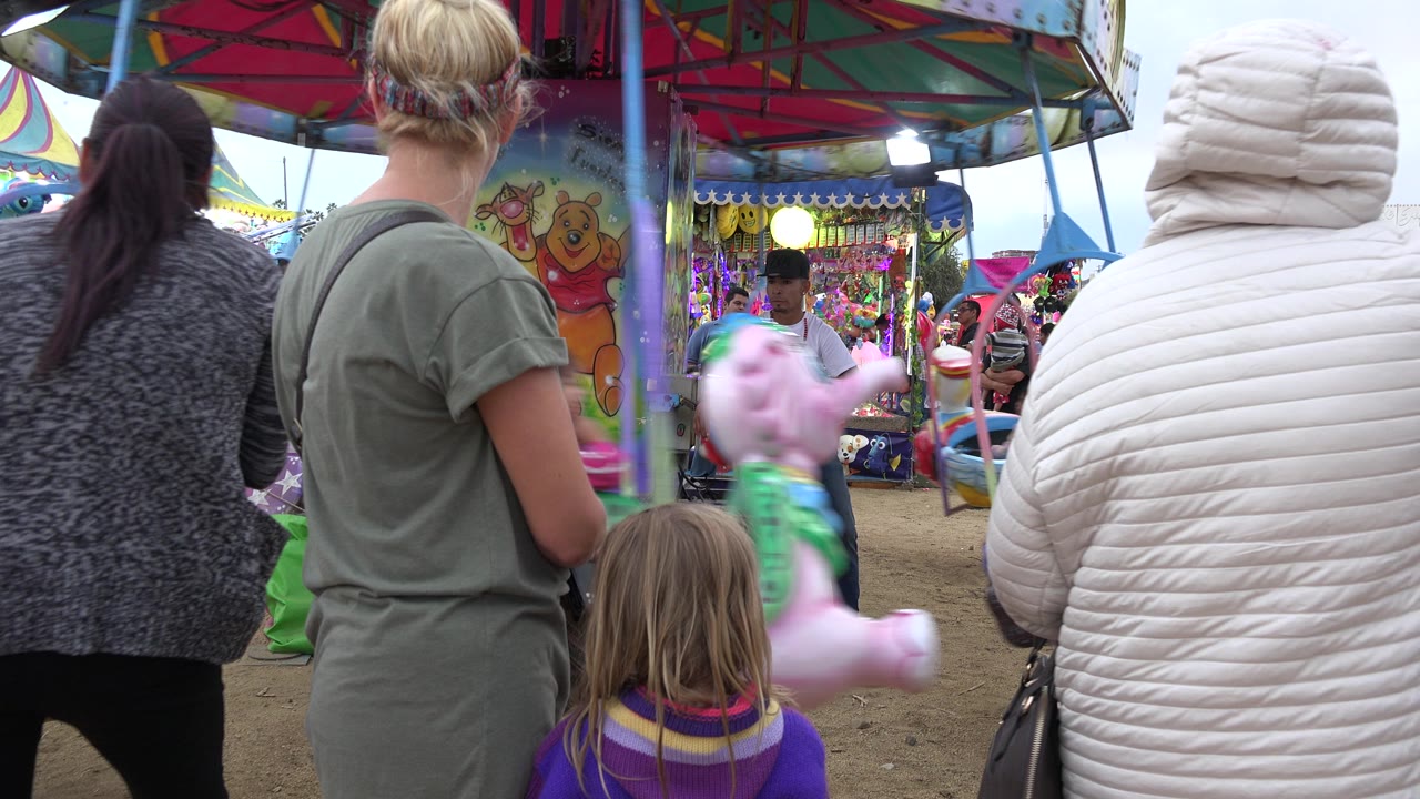 Adults and a child watch a carousel at a fair.